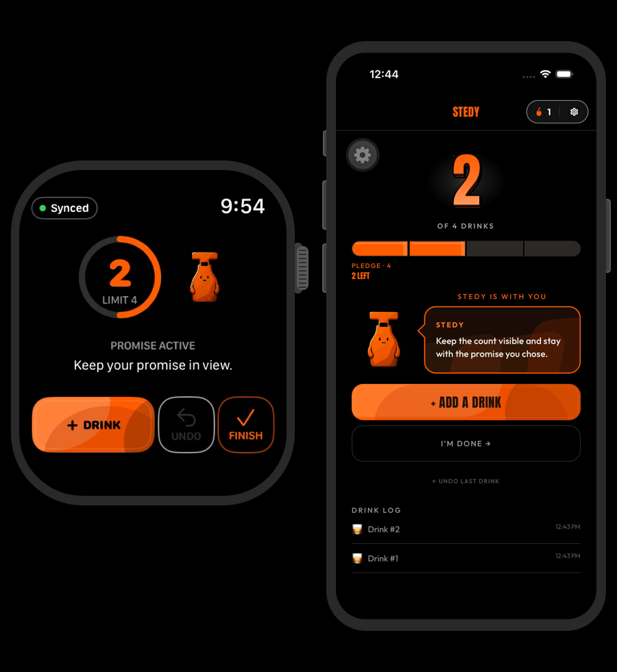 Stedy preview on iPhone and Apple Watch, showing two drinks logged against a limit of four.