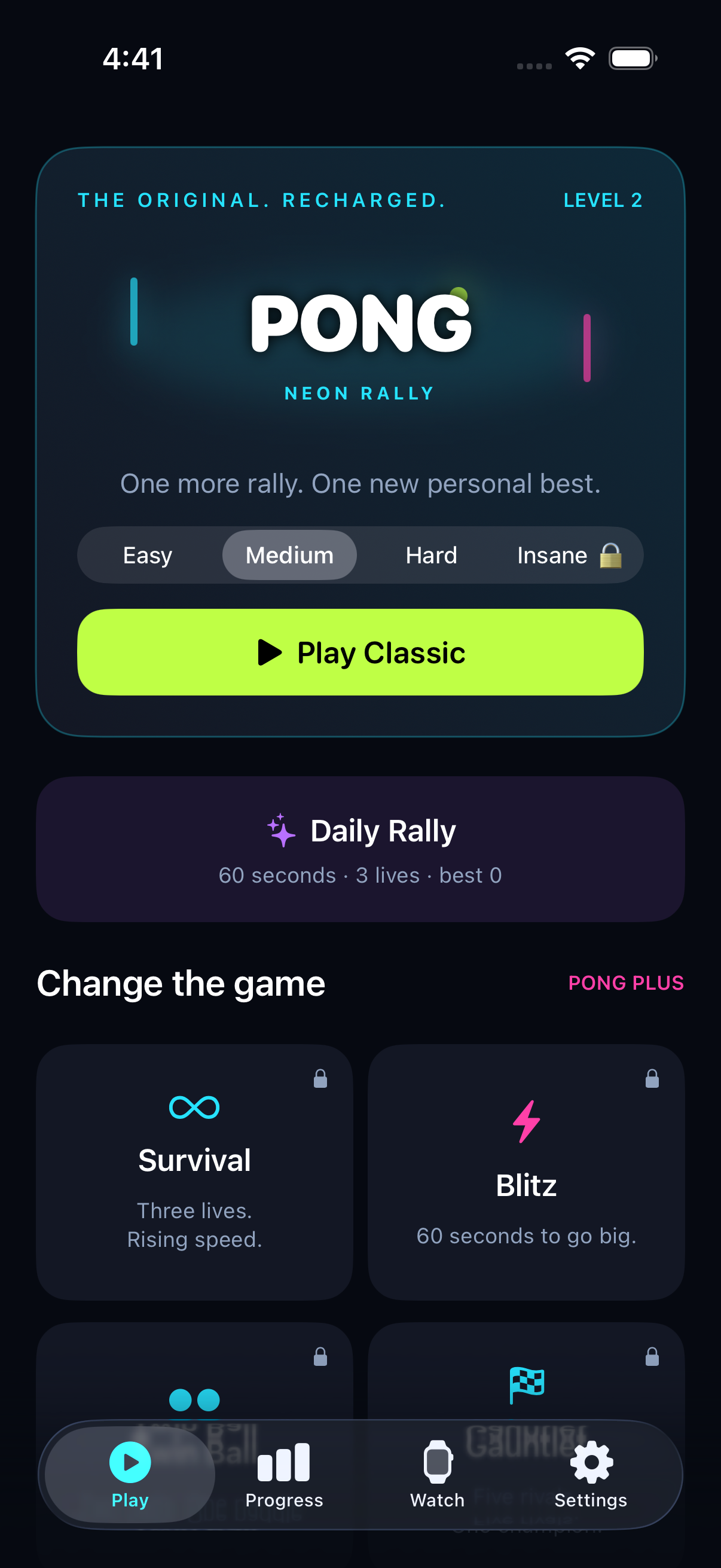 Redesigned Watch Pong on iPhone: Neon Rally, Classic and Daily Rally.