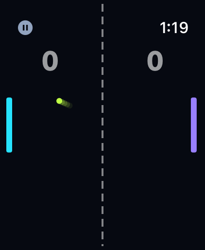 Redesigned Apple Watch gameplay with large cyan and purple paddles, ball trail and centre court line.